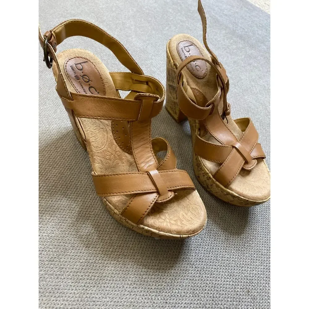 B.O.C Born Light Brown T-Strap Platform Sandals, 7 Womens, 38 EU